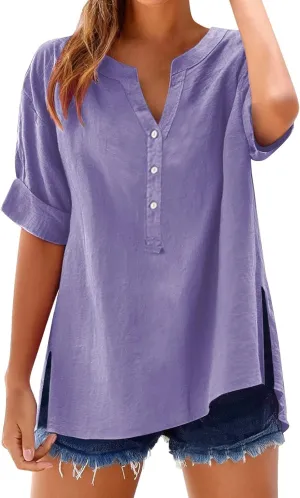 Linen Tops for Women Summer Work Tops Trendy Button Down Plus Size V Neck Boho Clothes Spring Tops for Women 2025