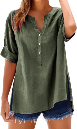 Linen Tops for Women Summer Work Tops Trendy Button Down Plus Size V Neck Boho Clothes Spring Tops for Women 2025