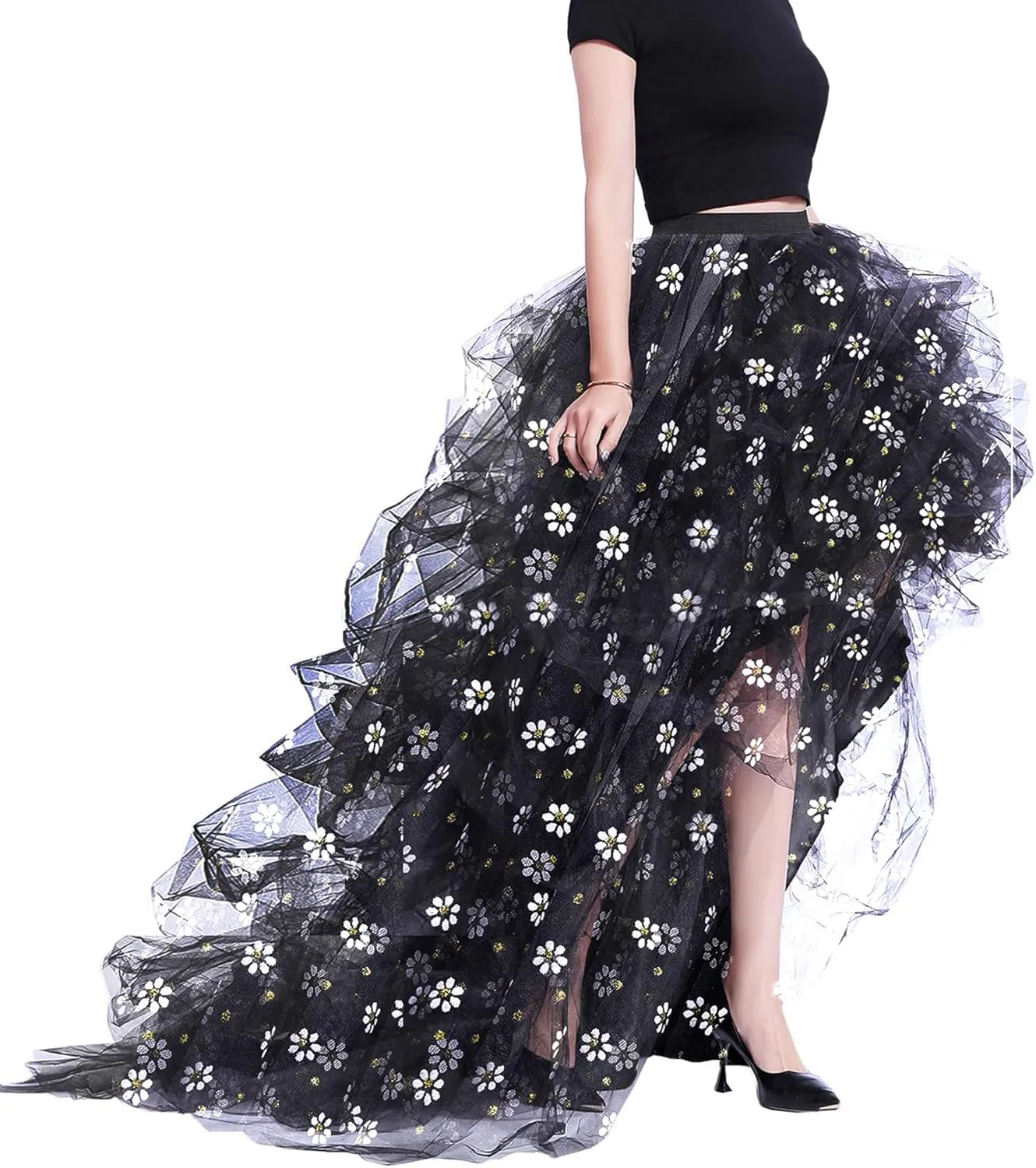 Lisong Women High Waist High Low Layered Tulle Floor Length Spectial Occasion Skirt