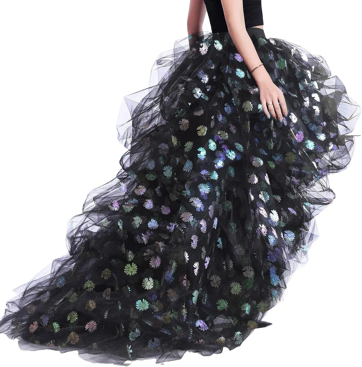 Lisong Women High Waist High Low Layered Tulle Floor Length Spectial Occasion Skirt