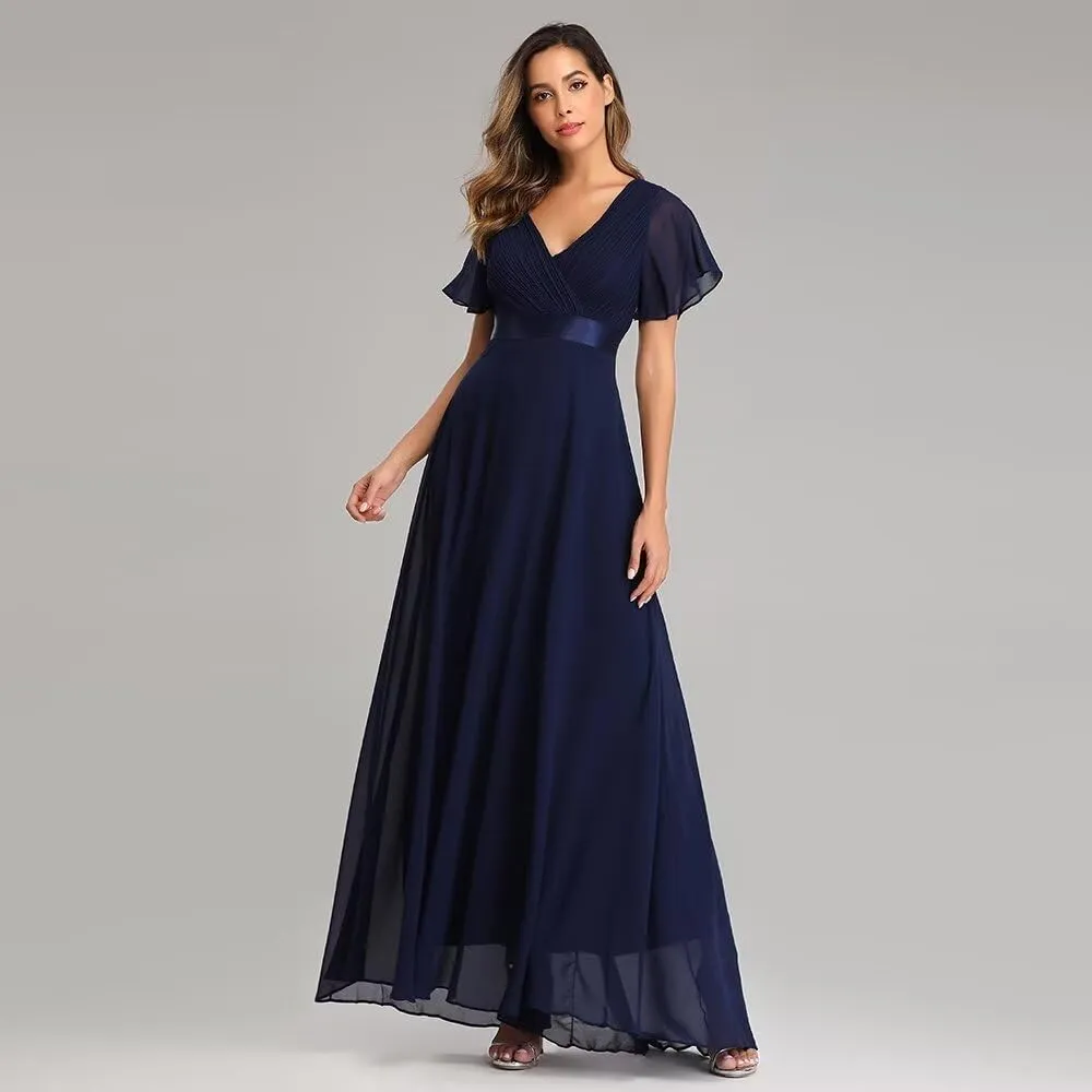 Long Chiffon Evening Gowns A-Line Empire Waist Formal Dress with Flutter Sleeves FBALN01