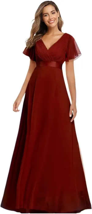 Long Chiffon Evening Gowns A-Line Empire Waist Formal Dress with Flutter Sleeves FBALN01