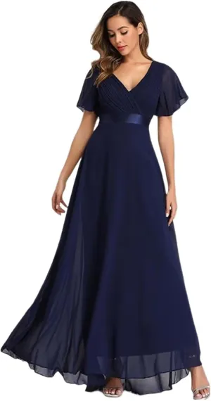 Long Chiffon Evening Gowns A-Line Empire Waist Formal Dress with Flutter Sleeves FBALN01