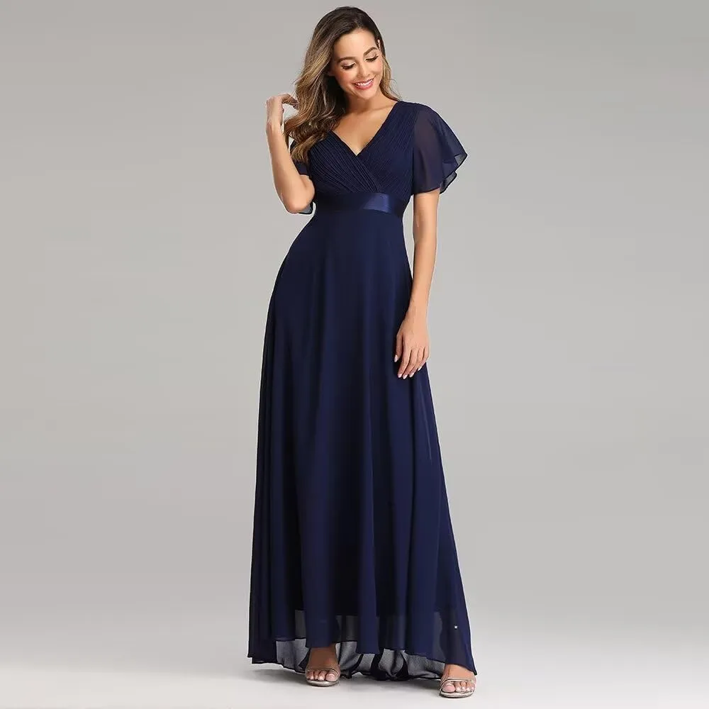 Long Chiffon Evening Gowns A-Line Empire Waist Formal Dress with Flutter Sleeves FBALN01