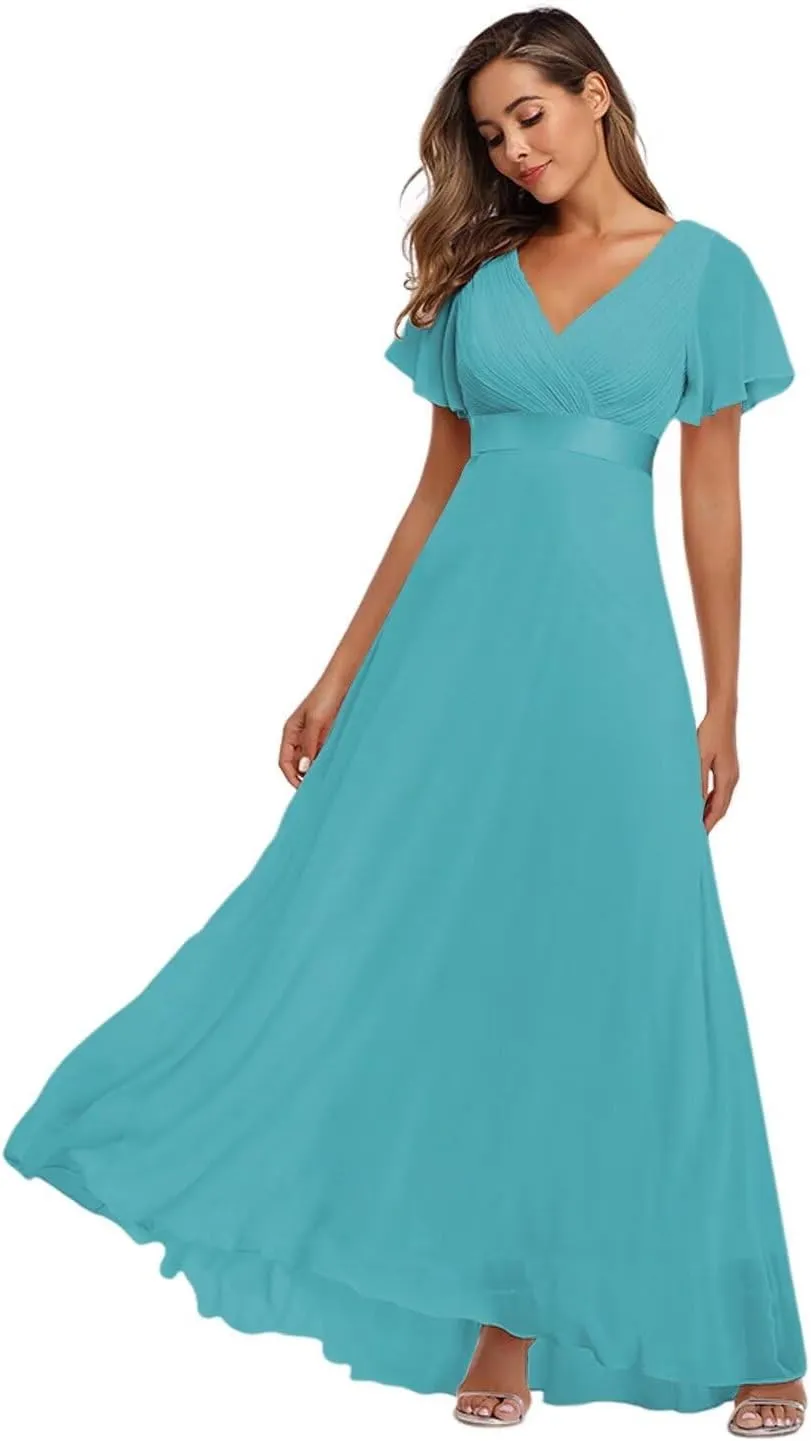 Long Chiffon Evening Gowns A-Line Empire Waist Formal Dress with Flutter Sleeves FBALN01