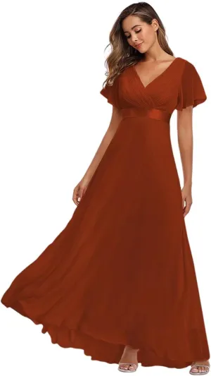 Long Chiffon Evening Gowns A-Line Empire Waist Formal Dress with Flutter Sleeves FBALN01