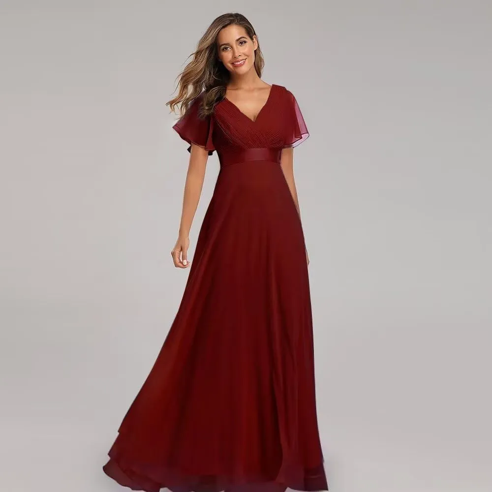 Long Chiffon Evening Gowns A-Line Empire Waist Formal Dress with Flutter Sleeves FBALN01