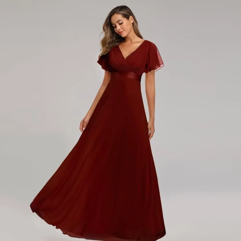 Long Chiffon Evening Gowns A-Line Empire Waist Formal Dress with Flutter Sleeves FBALN01