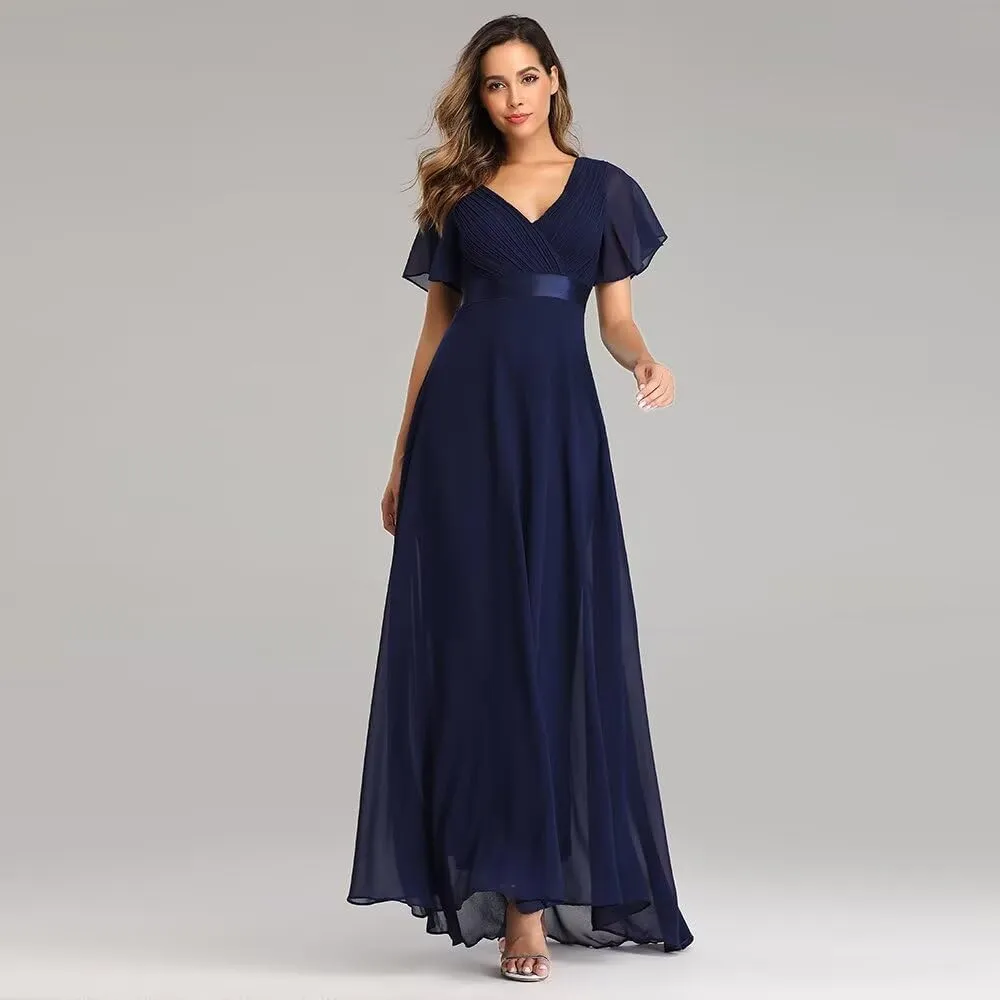 Long Chiffon Evening Gowns A-Line Empire Waist Formal Dress with Flutter Sleeves FBALN01