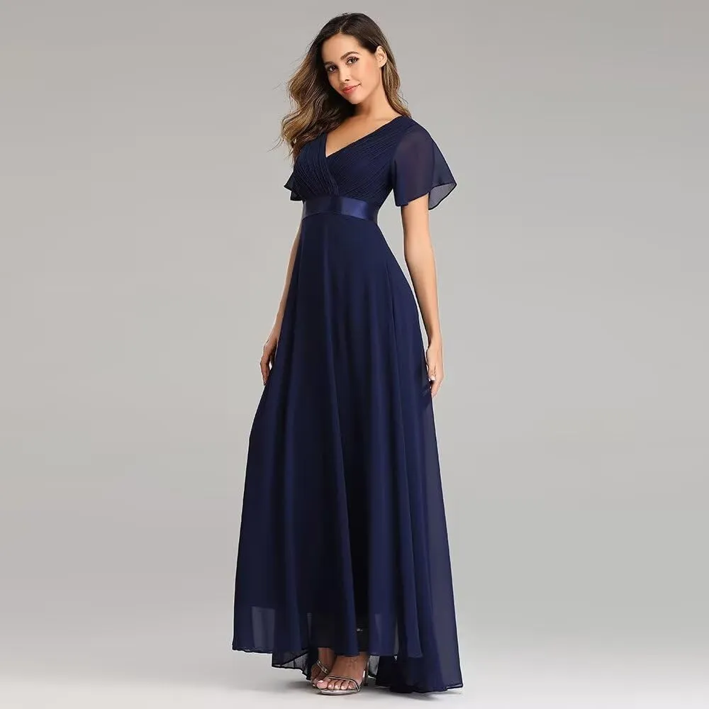 Long Chiffon Evening Gowns A-Line Empire Waist Formal Dress with Flutter Sleeves FBALN01