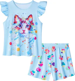 LQSZ Girls Pajamas Set Toddler Girls Gifts PJs Summer Sleepwear for Little Kids 2-12 Years