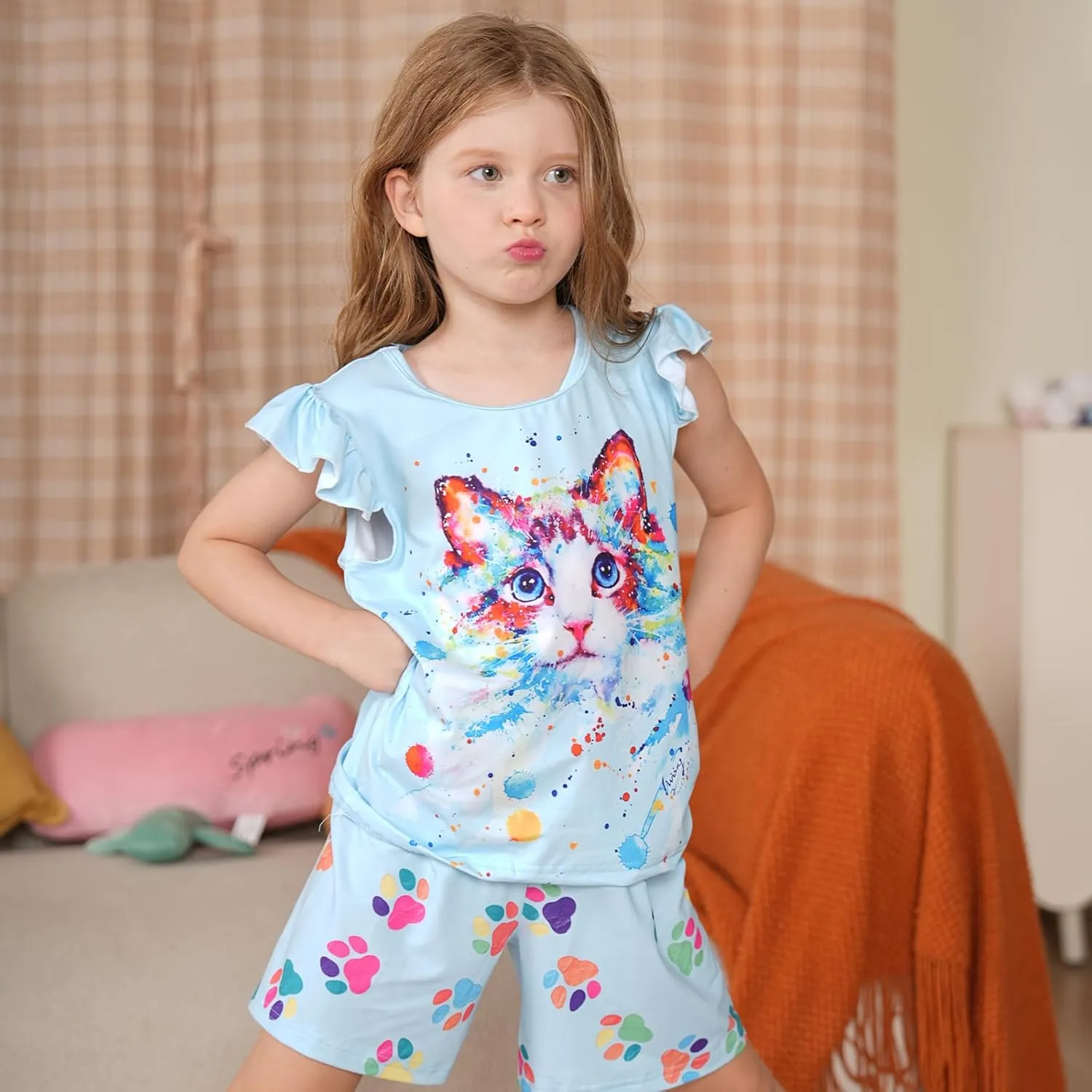 LQSZ Girls Pajamas Set Toddler Girls Gifts PJs Summer Sleepwear for Little Kids 2-12 Years
