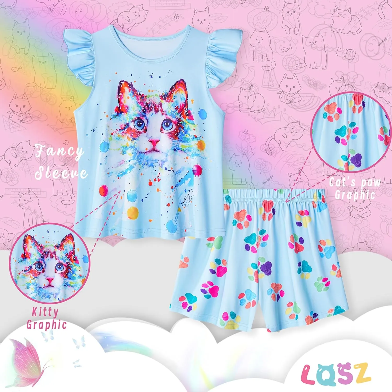 LQSZ Girls Pajamas Set Toddler Girls Gifts PJs Summer Sleepwear for Little Kids 2-12 Years