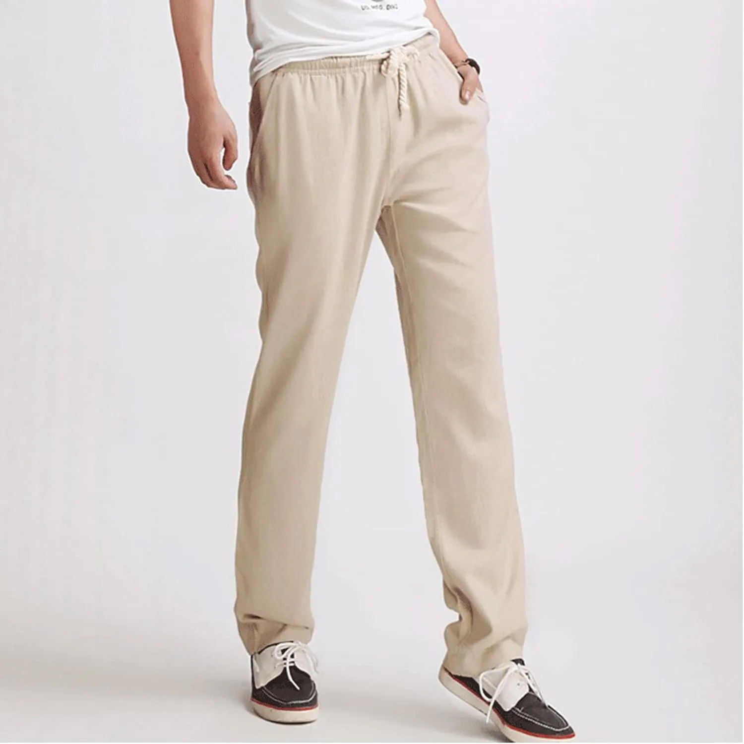 Lu's Chic Men's Casual Pant Pure Cotton Chino Pants Beach Lounge Bottoms Classic Fit