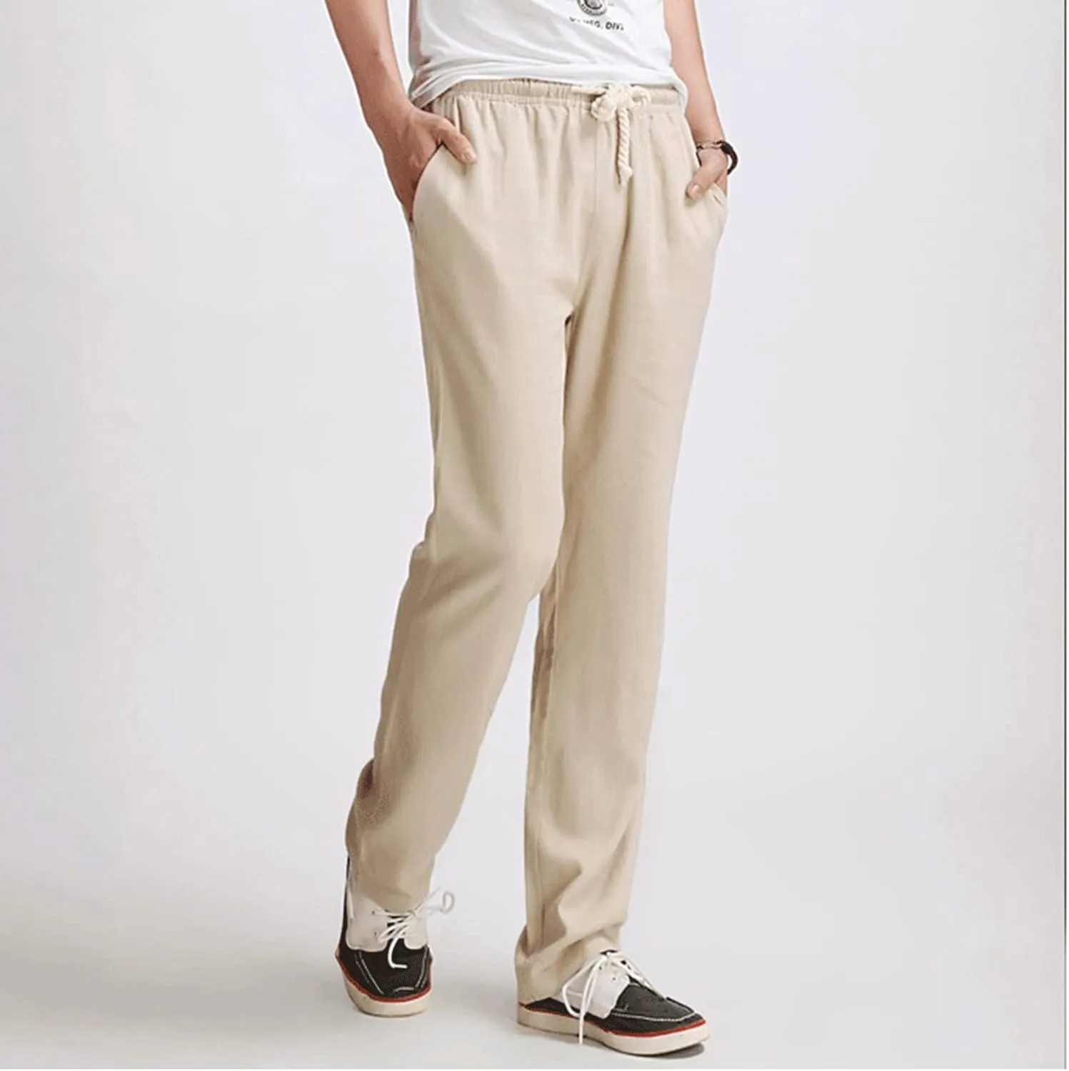 Lu's Chic Men's Casual Pant Pure Cotton Chino Pants Beach Lounge Bottoms Classic Fit