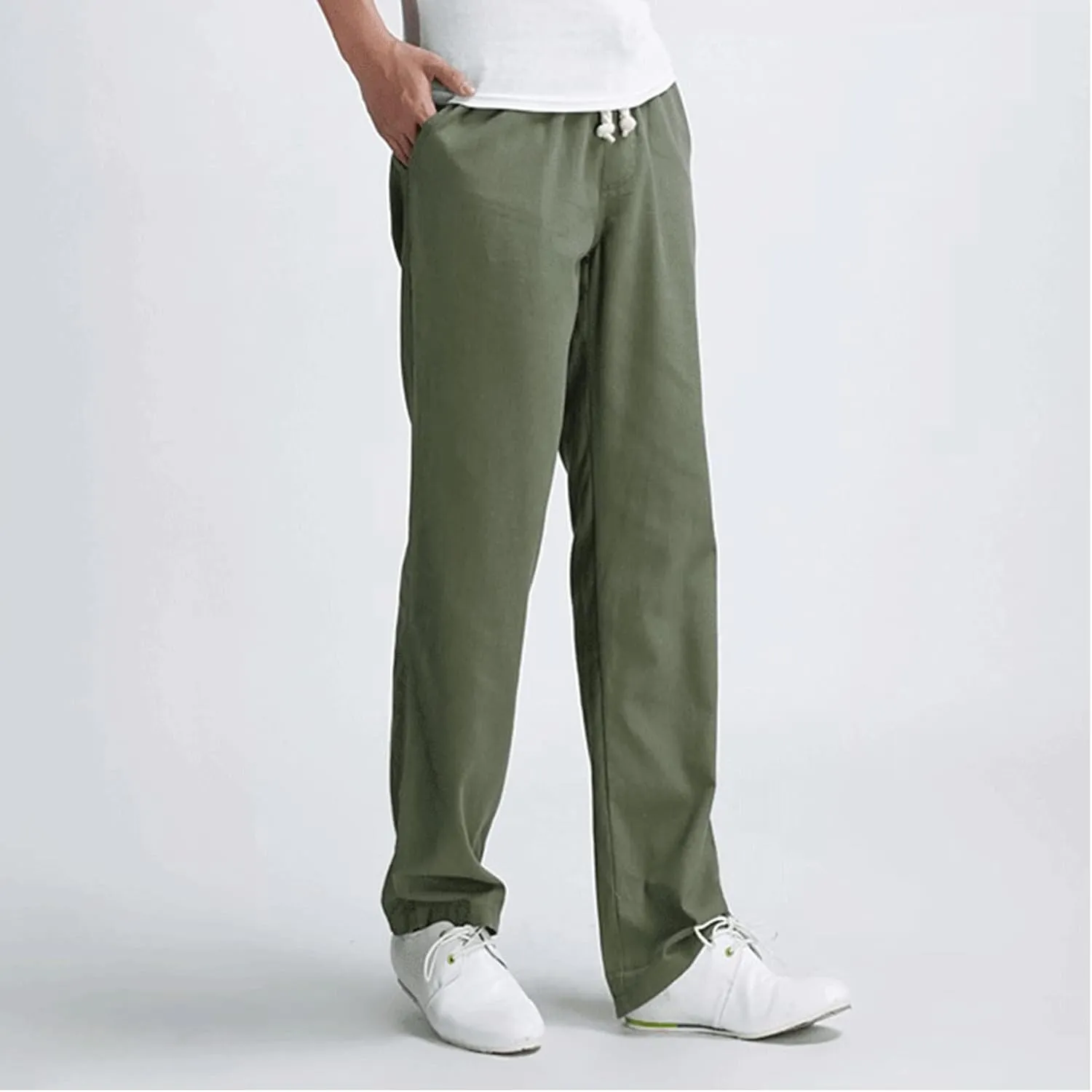 Lu's Chic Men's Casual Pant Pure Cotton Chino Pants Beach Lounge Bottoms Classic Fit