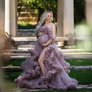 Maternity Dress for Photoshoot Puffy Ruffles Bridal Lingerie Bathgown Off Shoulder Tulle Pregnancy Robe