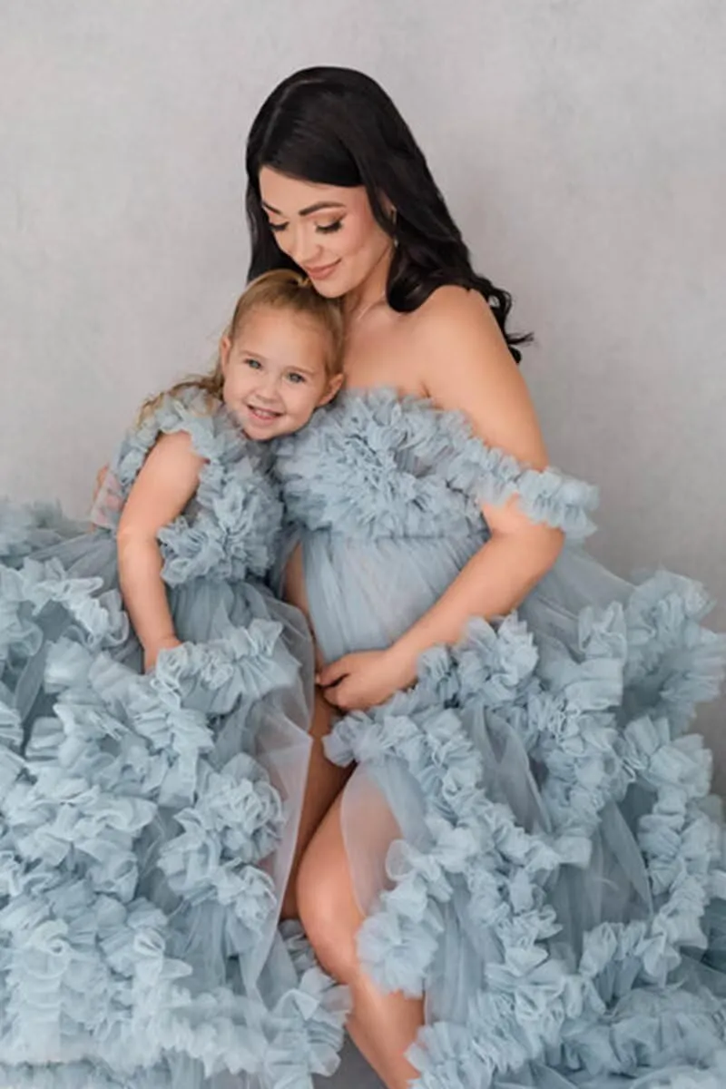 Maternity Dress for Photoshoot Puffy Ruffles Bridal Lingerie Bathgown Off Shoulder Tulle Pregnancy Robe
