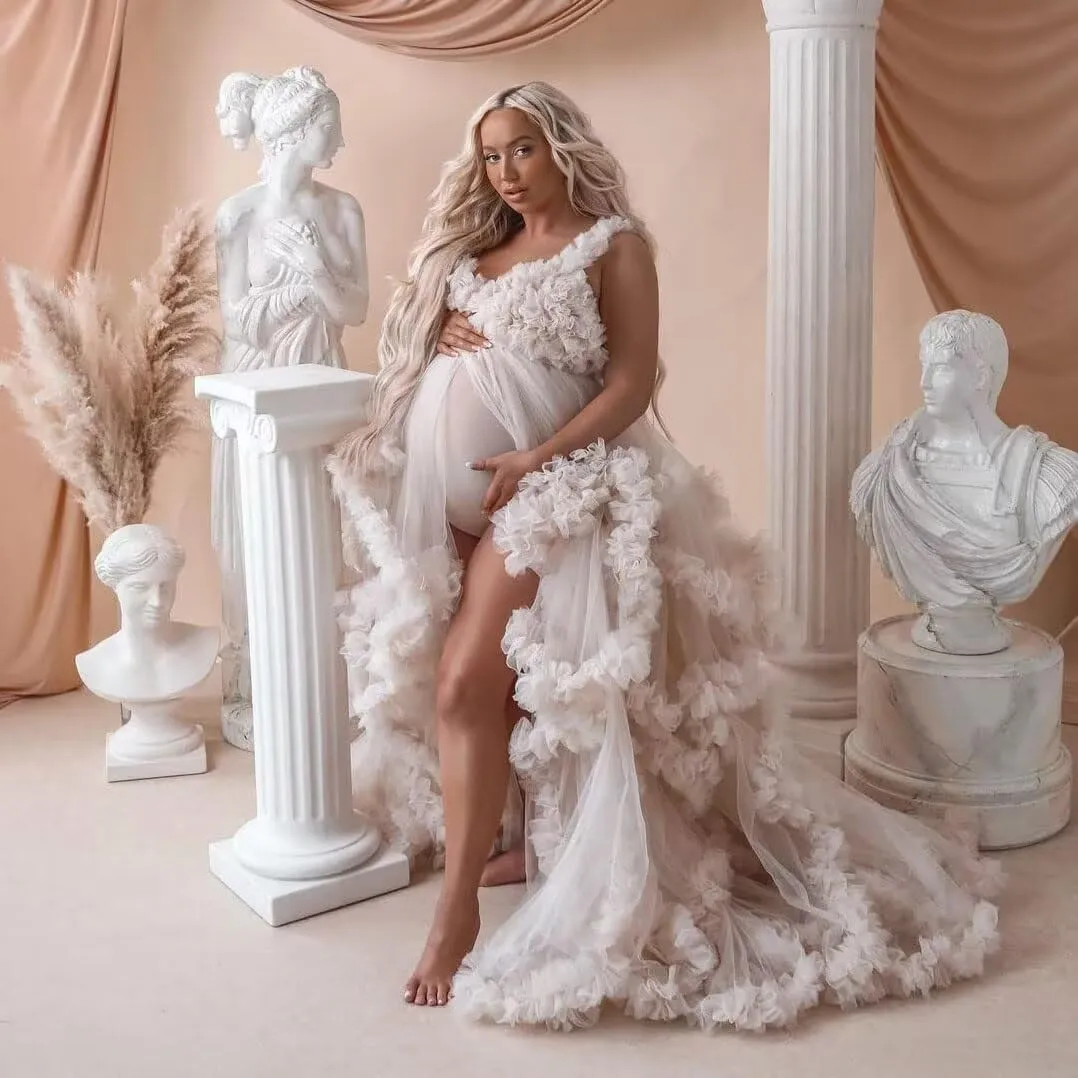 Maternity Dress for Photoshoot Puffy Ruffles Bridal Lingerie Bathgown Off Shoulder Tulle Pregnancy Robe