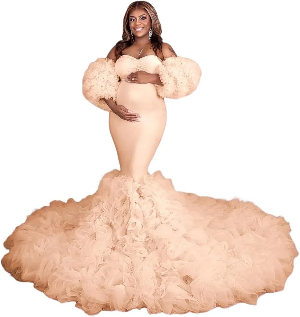 Maternity Dresses Mermaid Ruffle Tulle Pregnancy Gowns for Photoshoot Puffy Long Robe Dress for Baby Shower