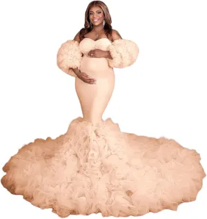Maternity Dresses Mermaid Ruffle Tulle Pregnancy Gowns for Photoshoot Puffy Long Robe Dress for Baby Shower