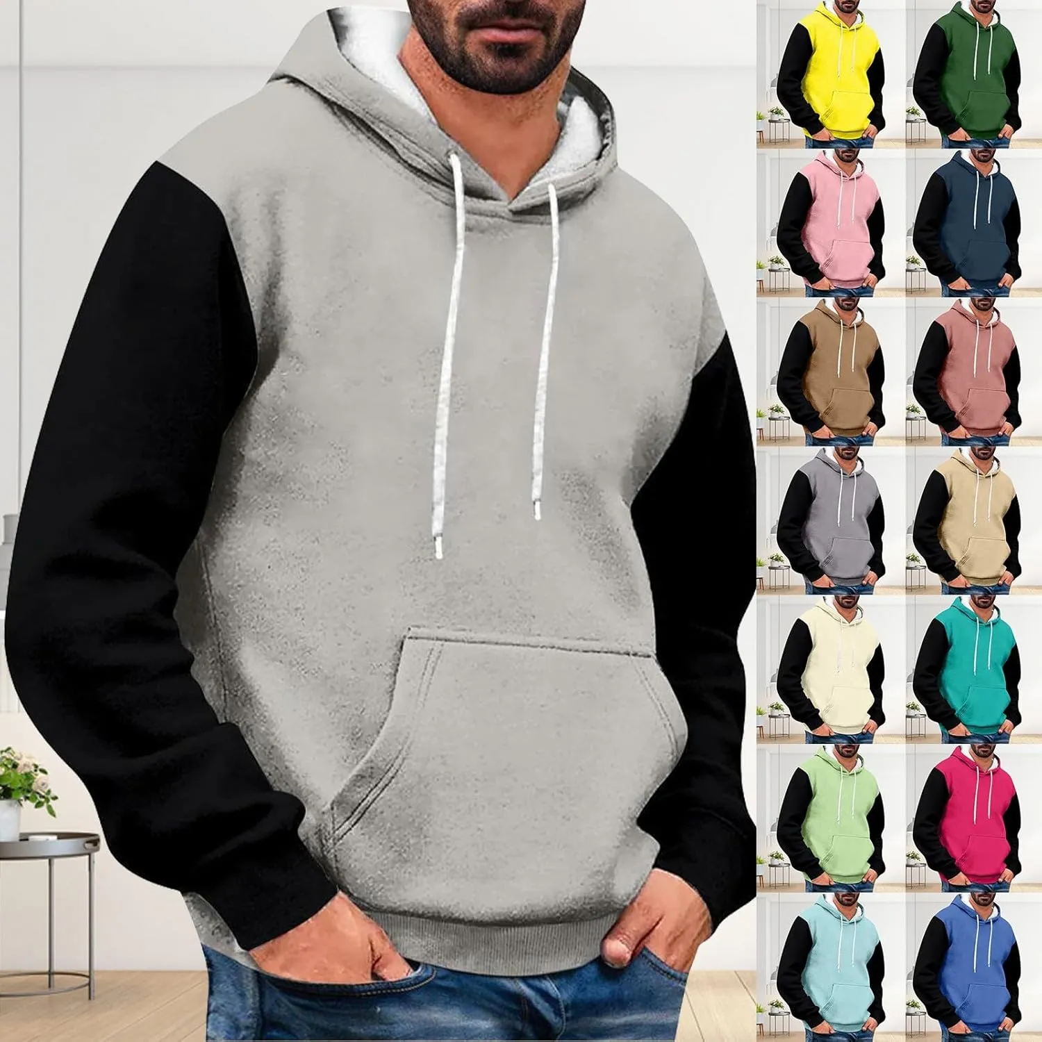 Mens Color Block Hoodies Pullover Casual Drawstring Hooded Sweatshirts Trendy Spring Shirt Long Sleeve Plus Size Tops