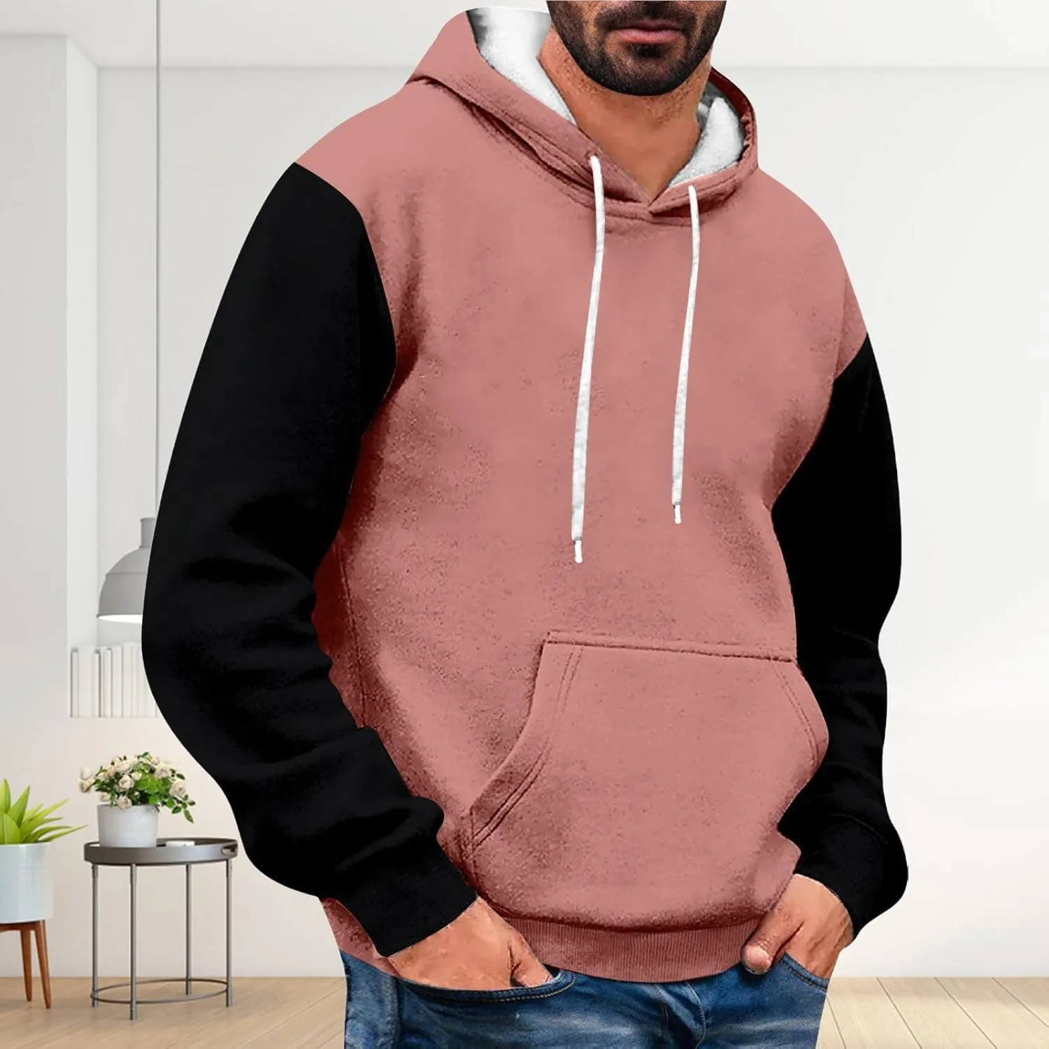 Mens Color Block Hoodies Pullover Casual Drawstring Hooded Sweatshirts Trendy Spring Shirt Long Sleeve Plus Size Tops
