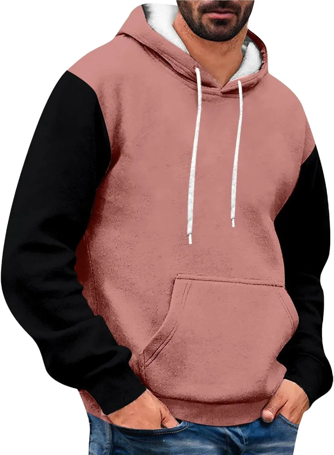 Mens Color Block Hoodies Pullover Casual Drawstring Hooded Sweatshirts Trendy Spring Shirt Long Sleeve Plus Size Tops