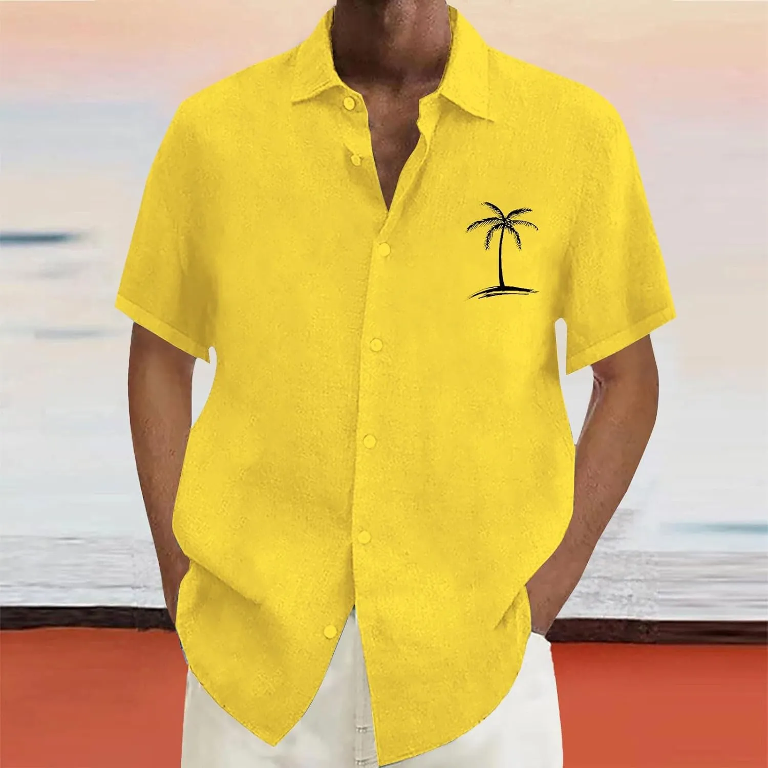 Mens Cotton Linen Shirts Short Sleeve Button Down Shirt Loose Solid Tunic Top Vacation Beach Summer Blouse with Pocket