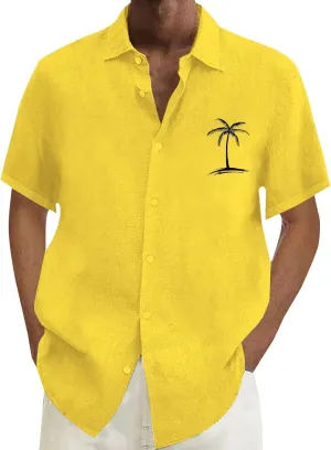 Mens Cotton Linen Shirts Short Sleeve Button Down Shirt Loose Solid Tunic Top Vacation Beach Summer Blouse with Pocket