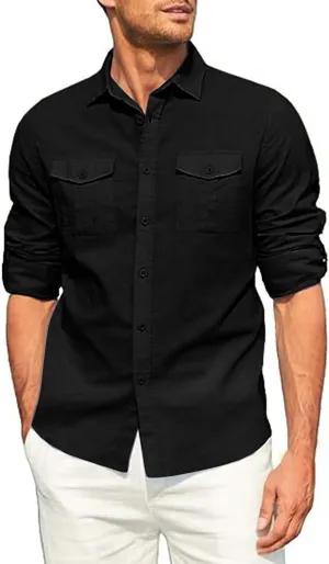 Men's Cotton Linen Shirts Wrinkled Casual Long Sleeve Button Down Shirt Lightweight Breathable Summer Beach Blouses