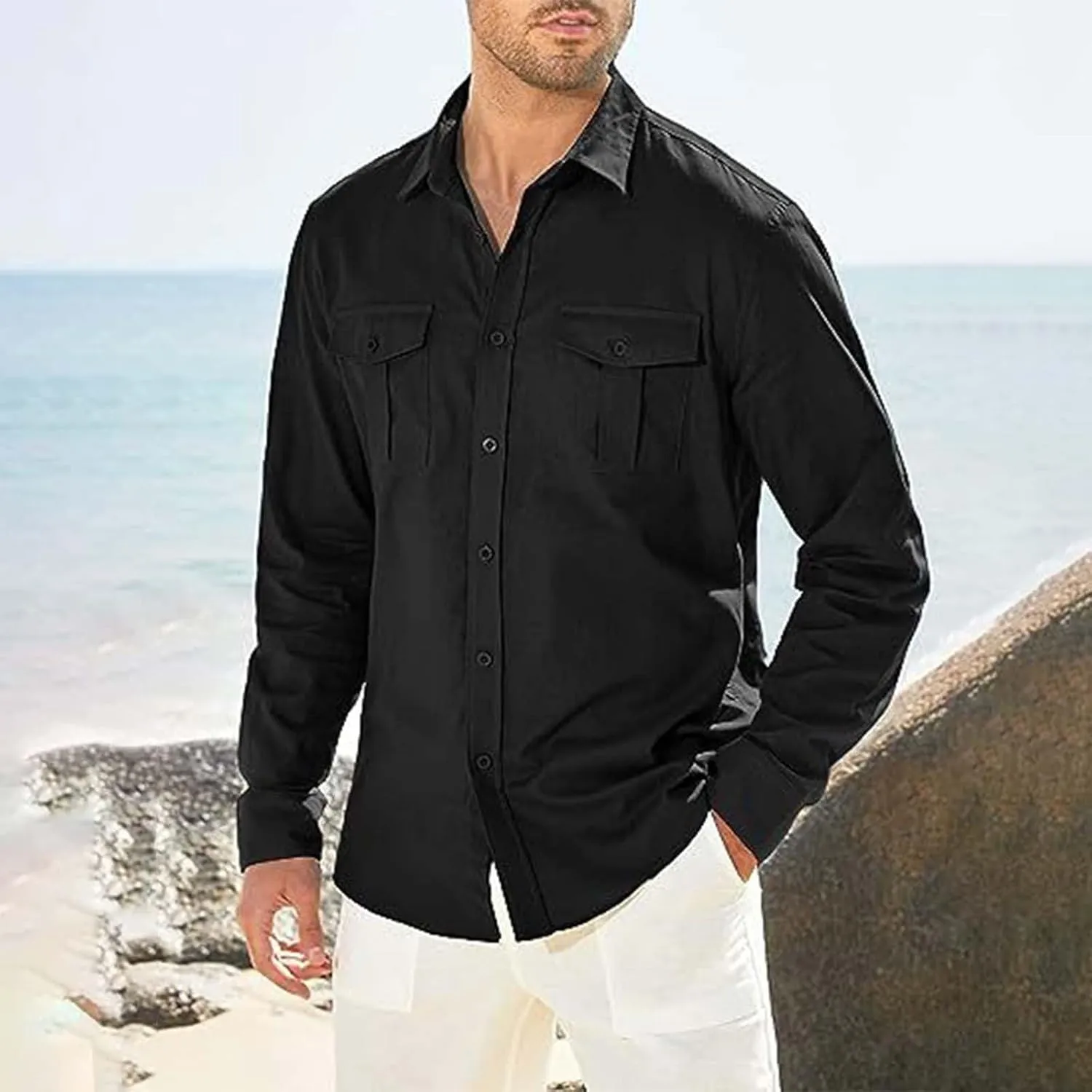 Men's Cotton Linen Shirts Wrinkled Casual Long Sleeve Button Down Shirt Lightweight Breathable Summer Beach Blouses