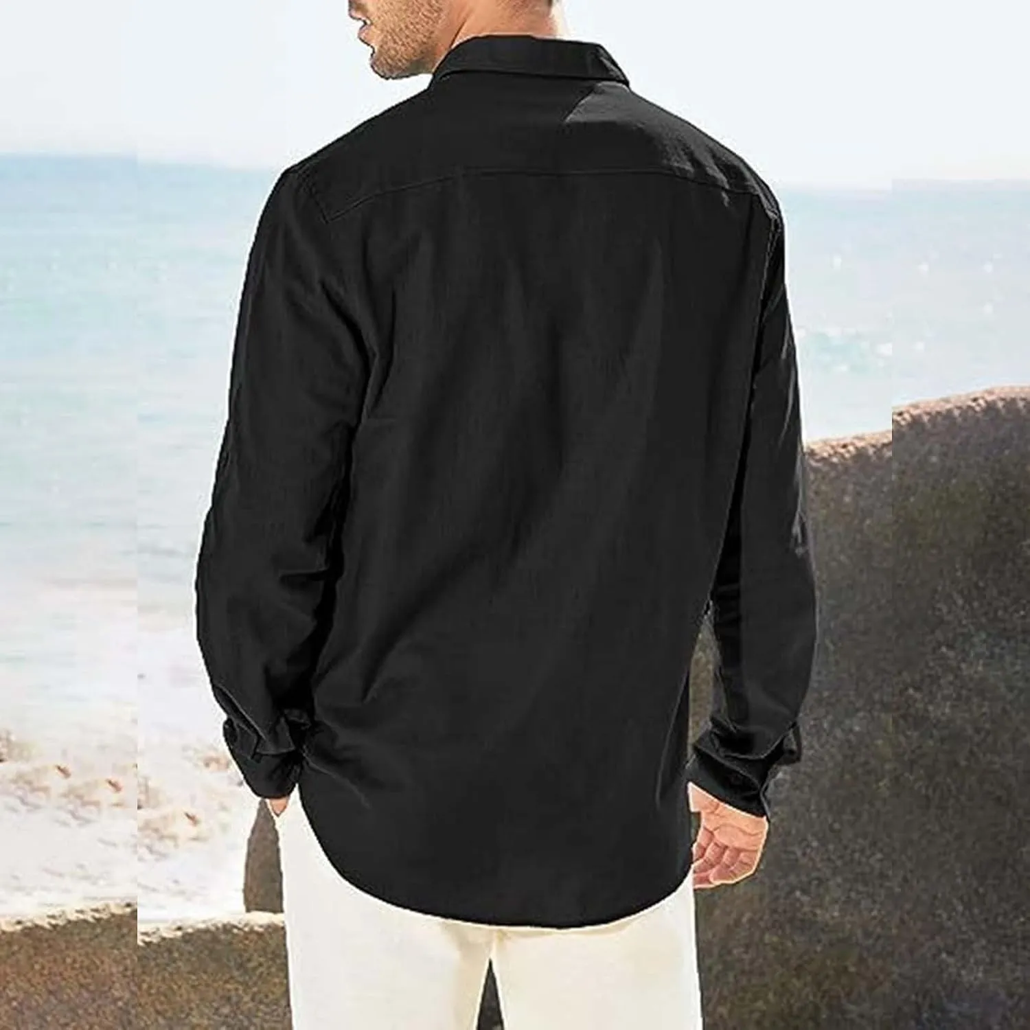 Men's Cotton Linen Shirts Wrinkled Casual Long Sleeve Button Down Shirt Lightweight Breathable Summer Beach Blouses