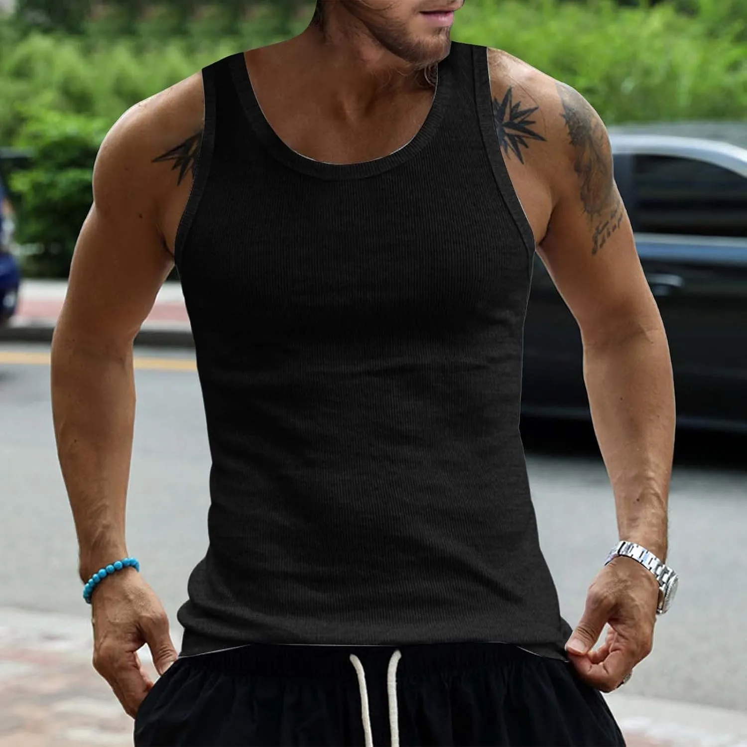 Men's Cotton Tank Tops Athletic Moisture Wicking Muscle Cut Off Shirt Bodybuilding Gym Workout Sleeveless Shirts