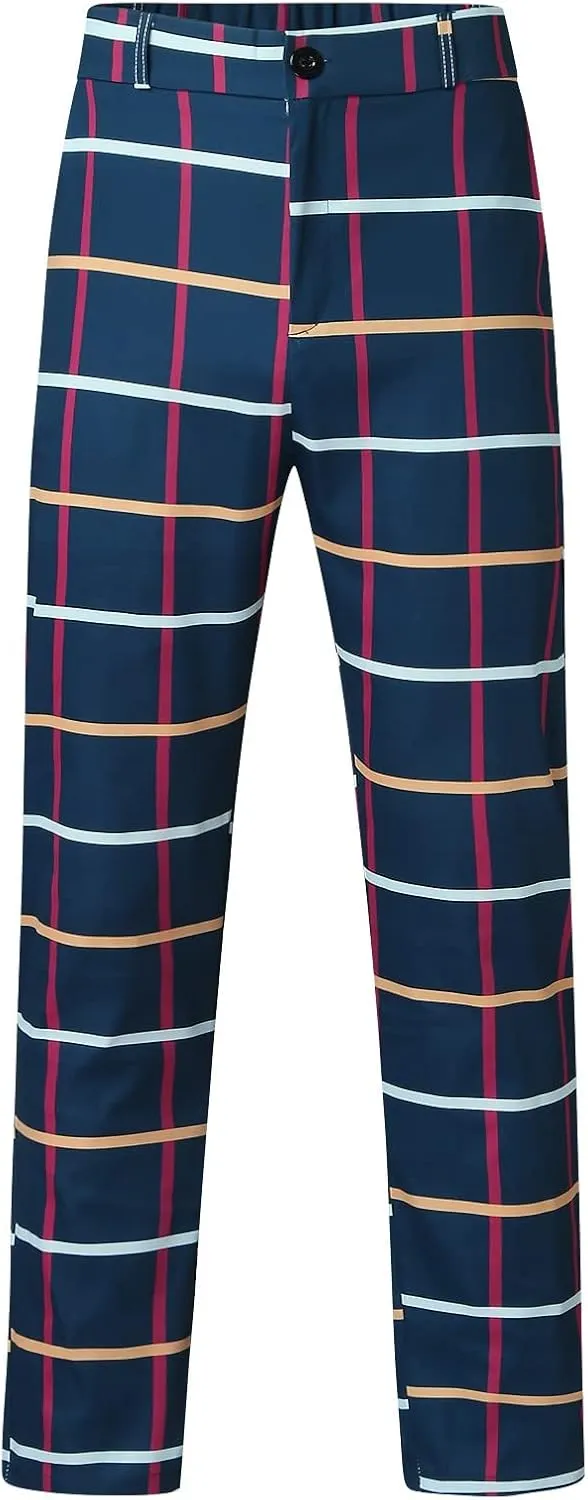 Men's Plaid Slim Fit Dress Pants Stretch Flat-Front Business Casual Pants Skinny Elastic Expandable-Waist Chinos Trousers Dark Blue