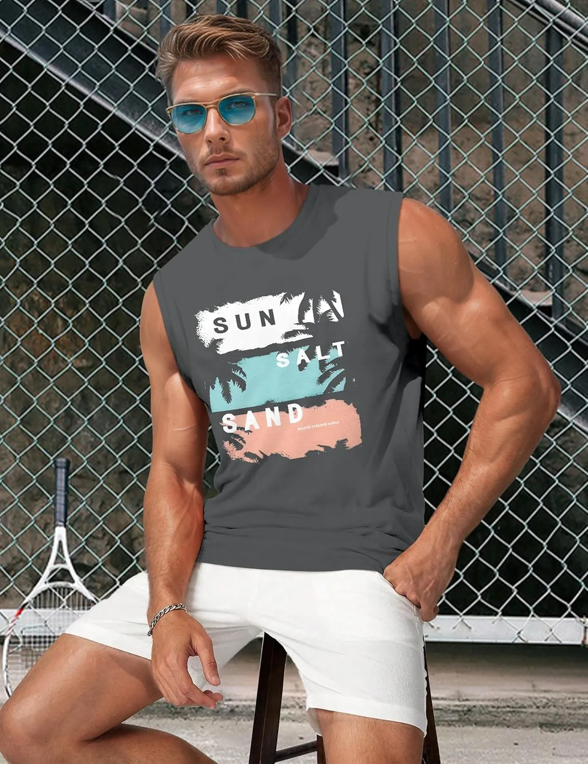 Men's Tank Tops Graphic Tank Tops for Men Summer Hawaiian Palm Tree Sleeveless Muscle Gym Shirt Mens Beach Tank Tops