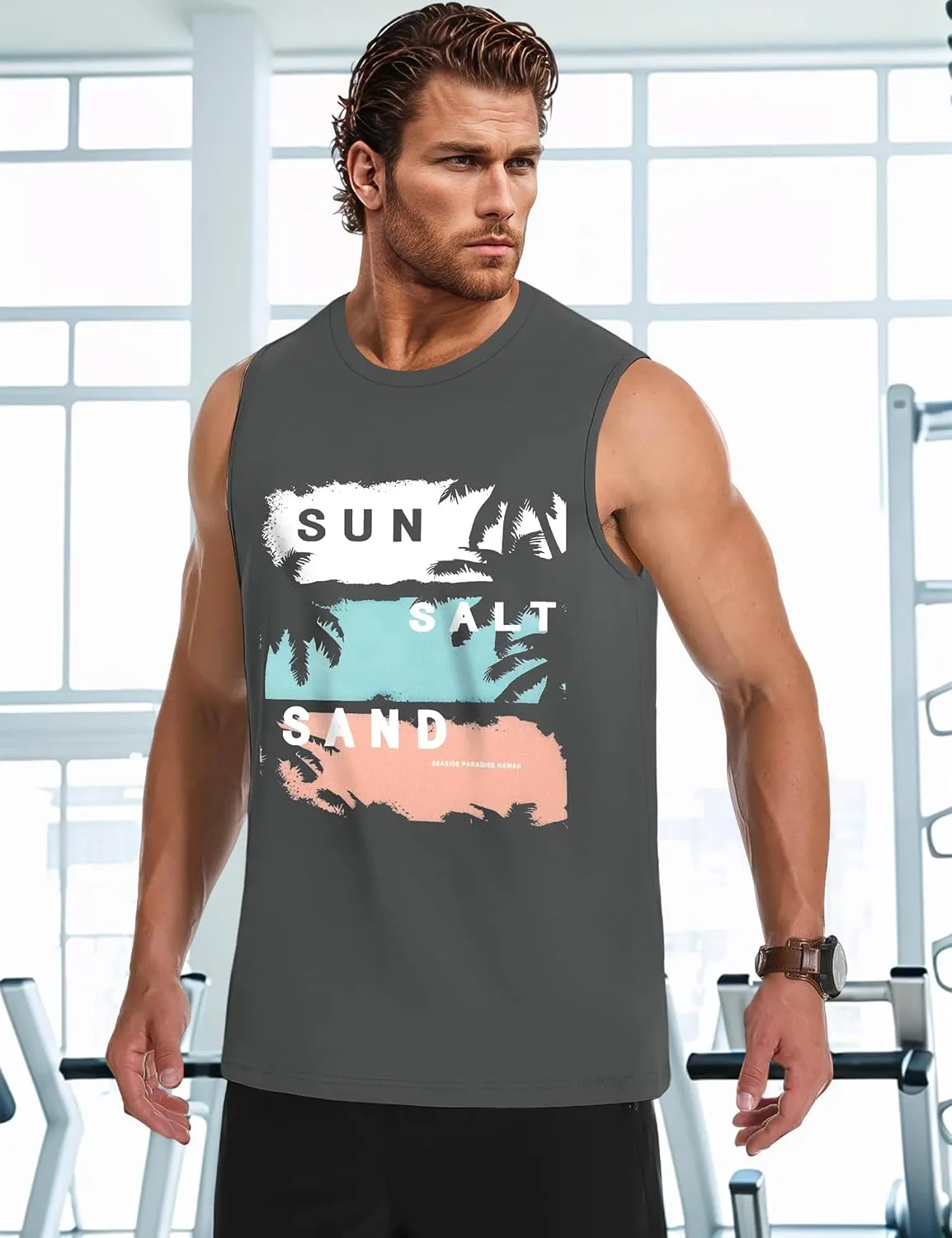 Men's Tank Tops Graphic Tank Tops for Men Summer Hawaiian Palm Tree Sleeveless Muscle Gym Shirt Mens Beach Tank Tops