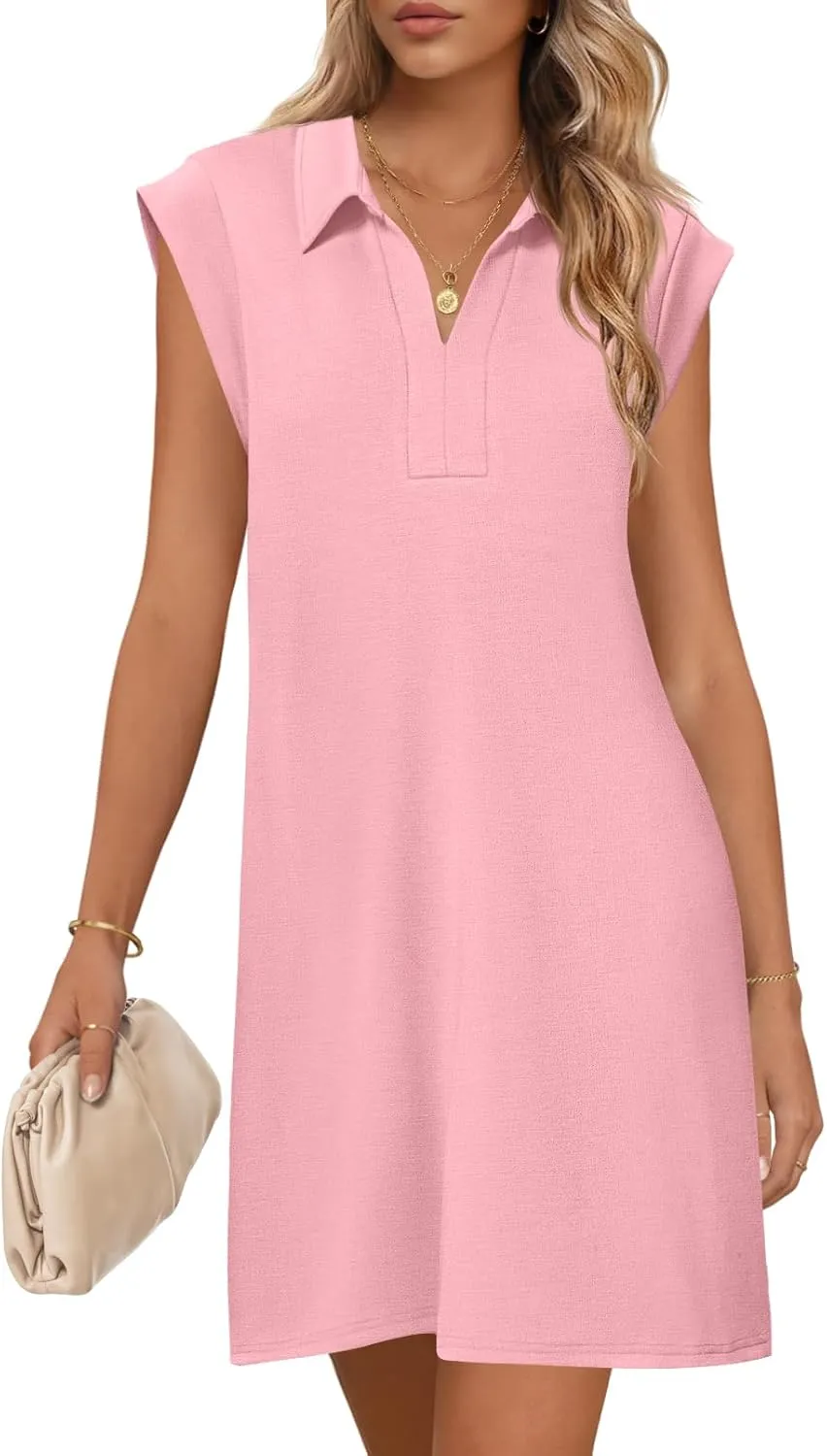 MEROKEETY Women's 2025 Summer Short Sleeve Mini Dress Casual Collared V Neck Loose T Shirt Dresses
