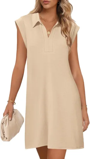 MEROKEETY Women's 2025 Summer Short Sleeve Mini Dress Casual Collared V Neck Loose T Shirt Dresses