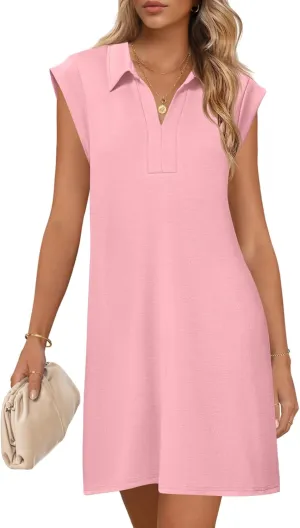 MEROKEETY Women's 2025 Summer Short Sleeve Mini Dress Casual Collared V Neck Loose T Shirt Dresses