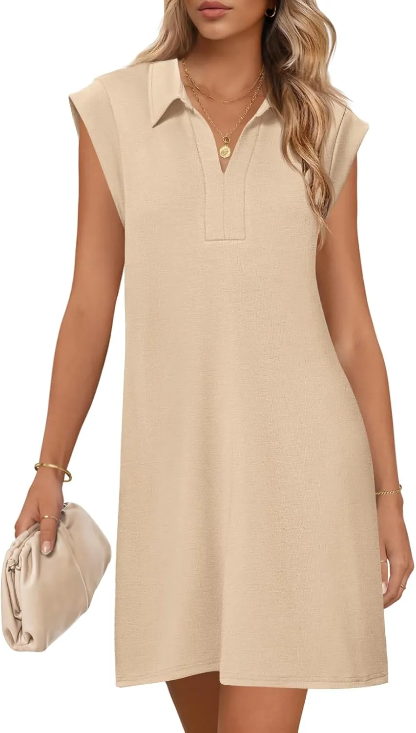 MEROKEETY Women's 2025 Summer Short Sleeve Mini Dress Casual Collared V Neck Loose T Shirt Dresses