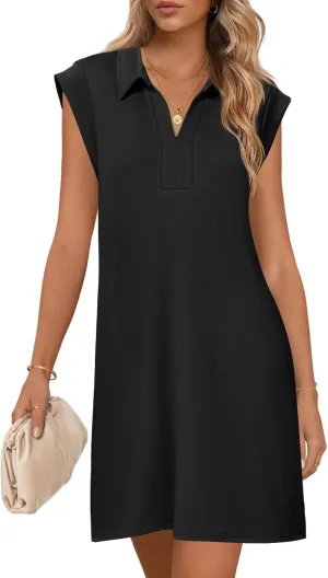 MEROKEETY Women's 2025 Summer Short Sleeve Mini Dress Casual Collared V Neck Loose T Shirt Dresses