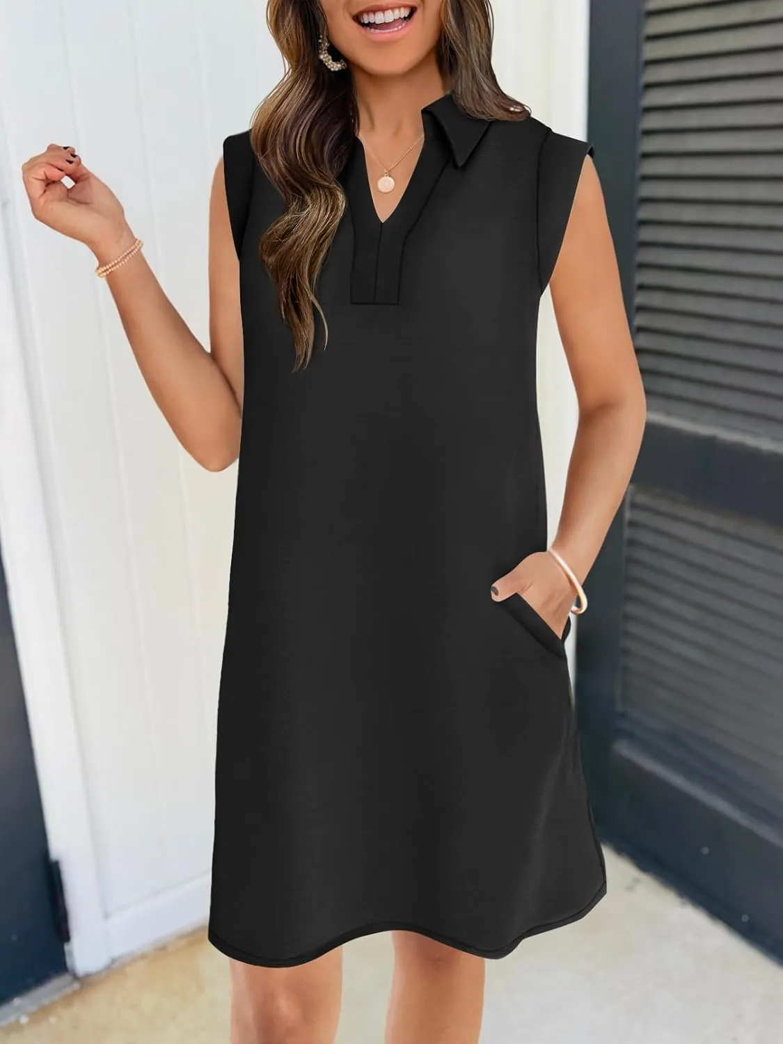 MEROKEETY Women's 2025 Summer Short Sleeve Mini Dress Casual Collared V Neck Loose T Shirt Dresses