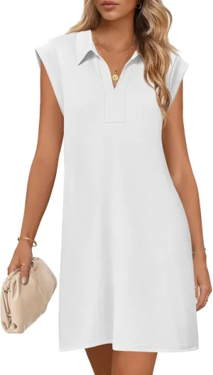 MEROKEETY Women's 2025 Summer Short Sleeve Mini Dress Casual Collared V Neck Loose T Shirt Dresses