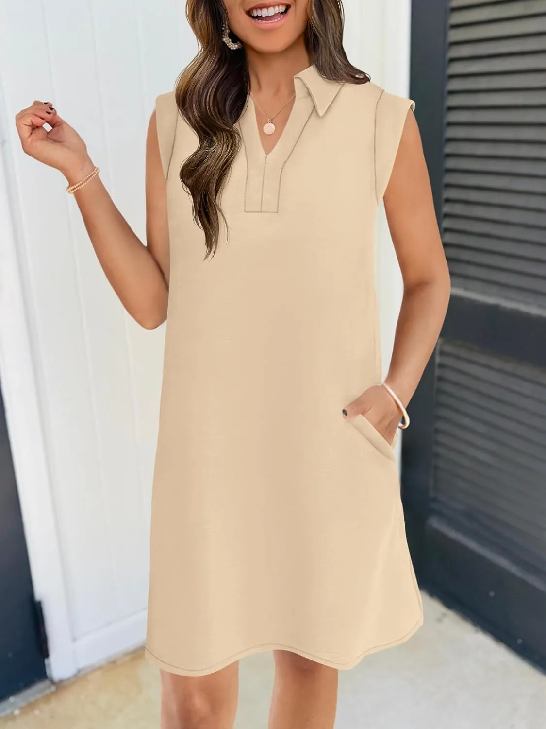 MEROKEETY Women's 2025 Summer Short Sleeve Mini Dress Casual Collared V Neck Loose T Shirt Dresses