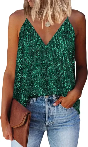 miduo Womens Tank Tops Casual Fashion V Neck Strappy Sequin Sparkle Shimmer Camisole Sleeveless Tanks Tops