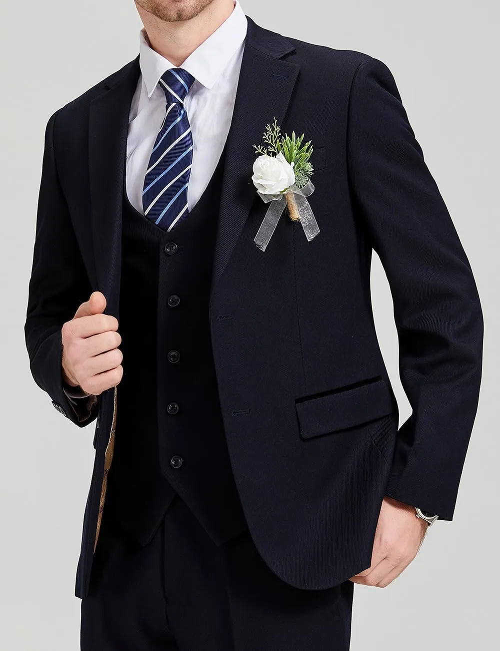 MoranX Men's Suits Slim Fit 3 Piece Wool Twill Formal Jacket Waistcoat Trousers Wedding Blazer Party