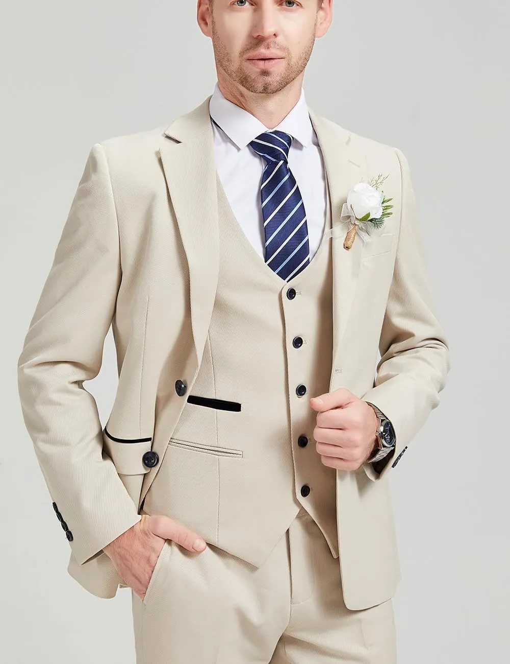 MoranX Men's Suits Slim Fit 3 Piece Wool Twill Formal Jacket Waistcoat Trousers Wedding Blazer Party
