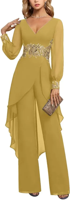 Mother of The Bride Pant Suits 2 Pieces Chiffon Pant Suits for Women Dressy Wedding