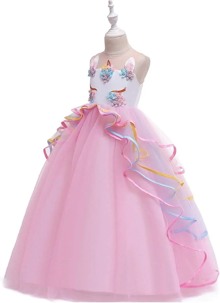 MYRISAM Girl's Unicorn Rainbow Long Tulle Dress Wedding Birthday Princess Carnival Party Performance Dance Pageant Ball Gowns